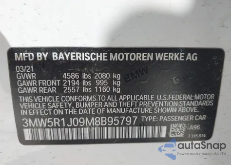 2021 BMW 330I from USA, damaged, VIN 3MW5R1J09M8B95797